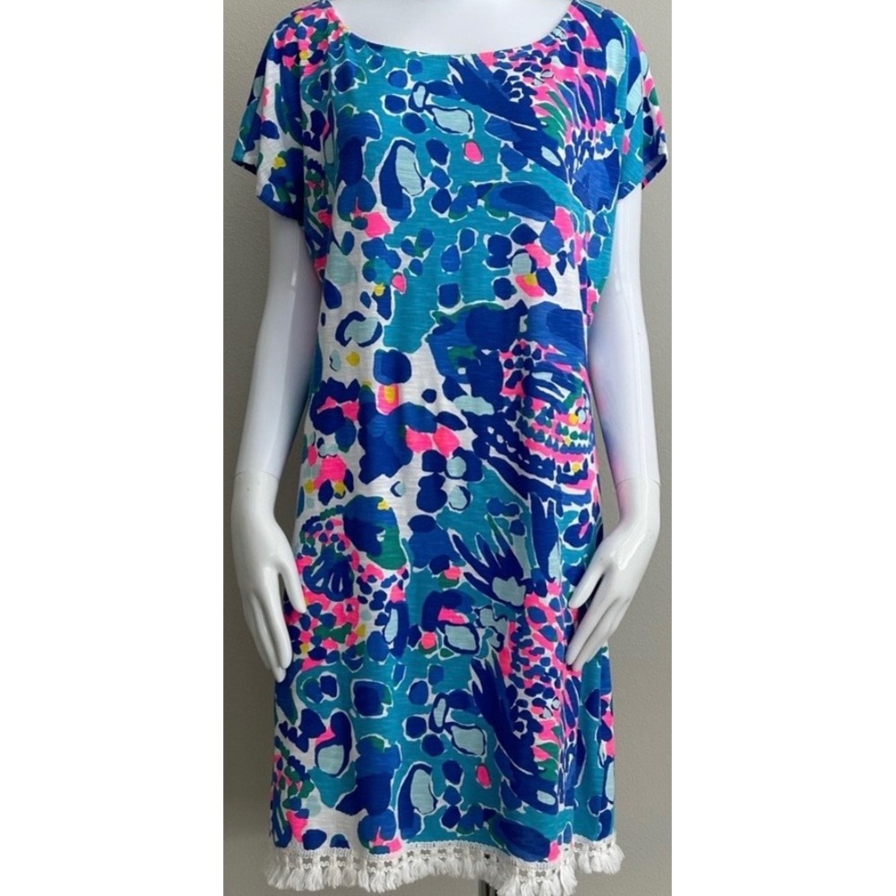 Lilly Pulitzer Womens XS Blue Pink Floral Tassel Hem Short coverup dress